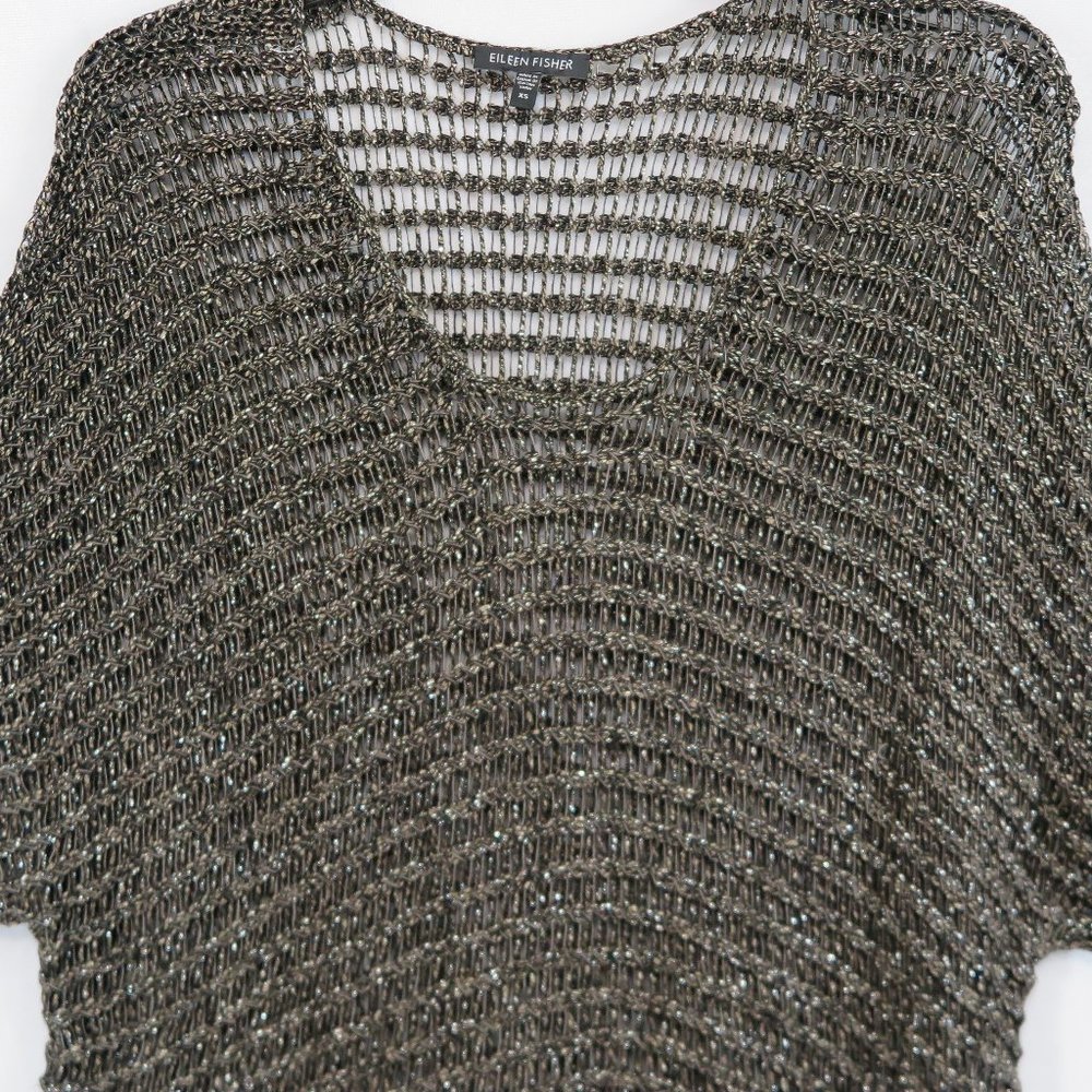 EILEEN FISHER Shades of Brown Shimmer OverSized Crochet Cap-Sleeve Sequin Topper - Picture 4 of 10